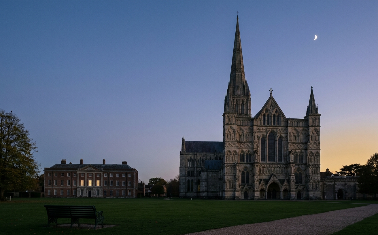 The west front of Salisbury Cathedral at dusk, with a thin moon and a single lit window in the Close.