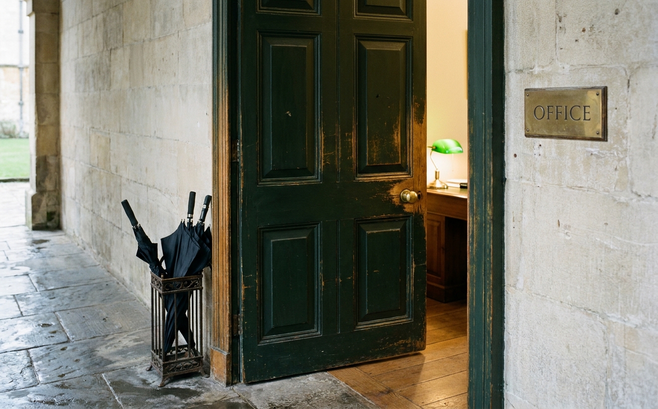 A heavy oak door at Sarum College, ajar, with a brass plate that reads, in plain capitals, OFFICE.