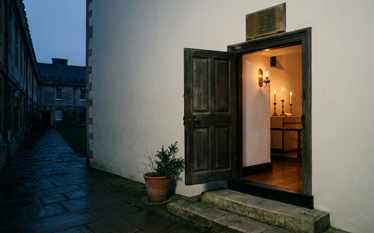 A wall calendar on a wooden door, marked with neat ink crosses on feast days and red ink for retreats.