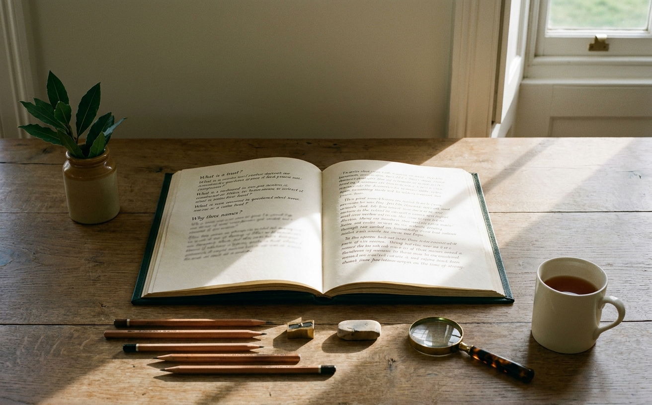 An open commonplace book on a refectory table, half a dozen pencils ranged beside it, sunlight cutting across the page.