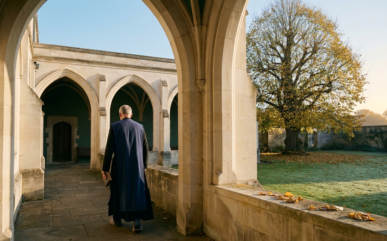 A cloister at dawn — pale stone arches, dew on the lawn, a single oblate walking in silence — at Sarum College, Salisbury.