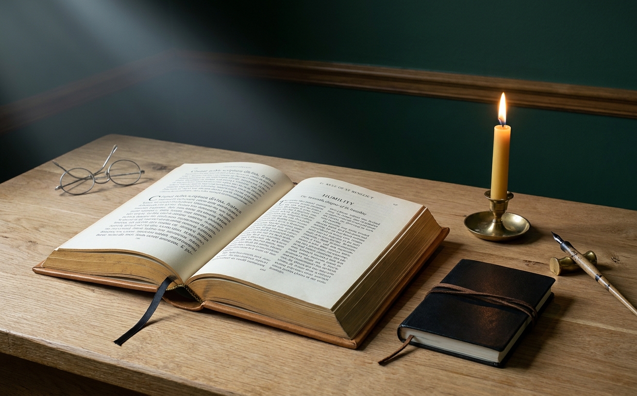 An open hand-illuminated psalter on a refectory table beside a beeswax candle, the page turned to Psalm 119.
