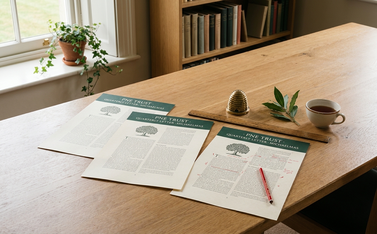 A wooden pigeonhole desk in the office of the Trust, with stacks of typed letters, a brass paper-knife, an Anglepoise lamp.