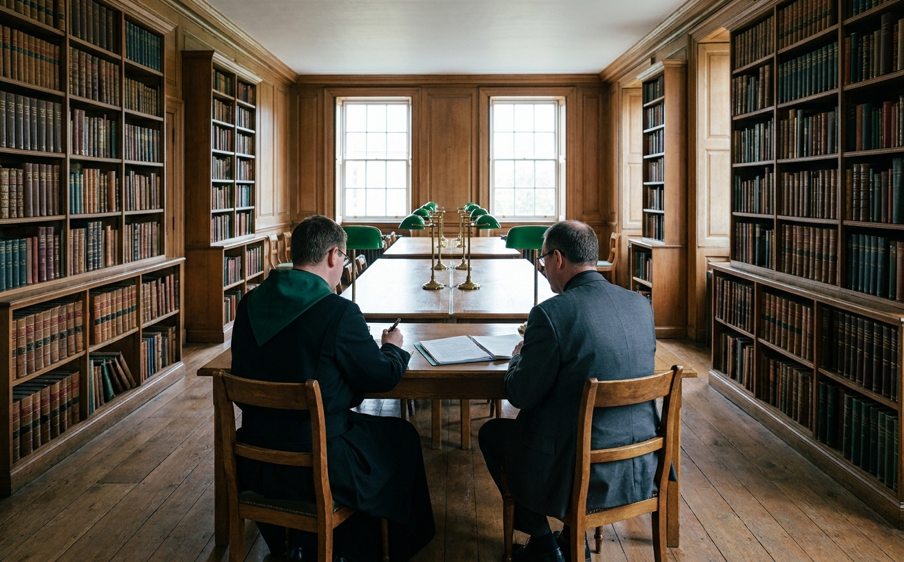 A long table at a partner meeting — several mugs, an agenda, a typed letter, an empty seat for the absent one.