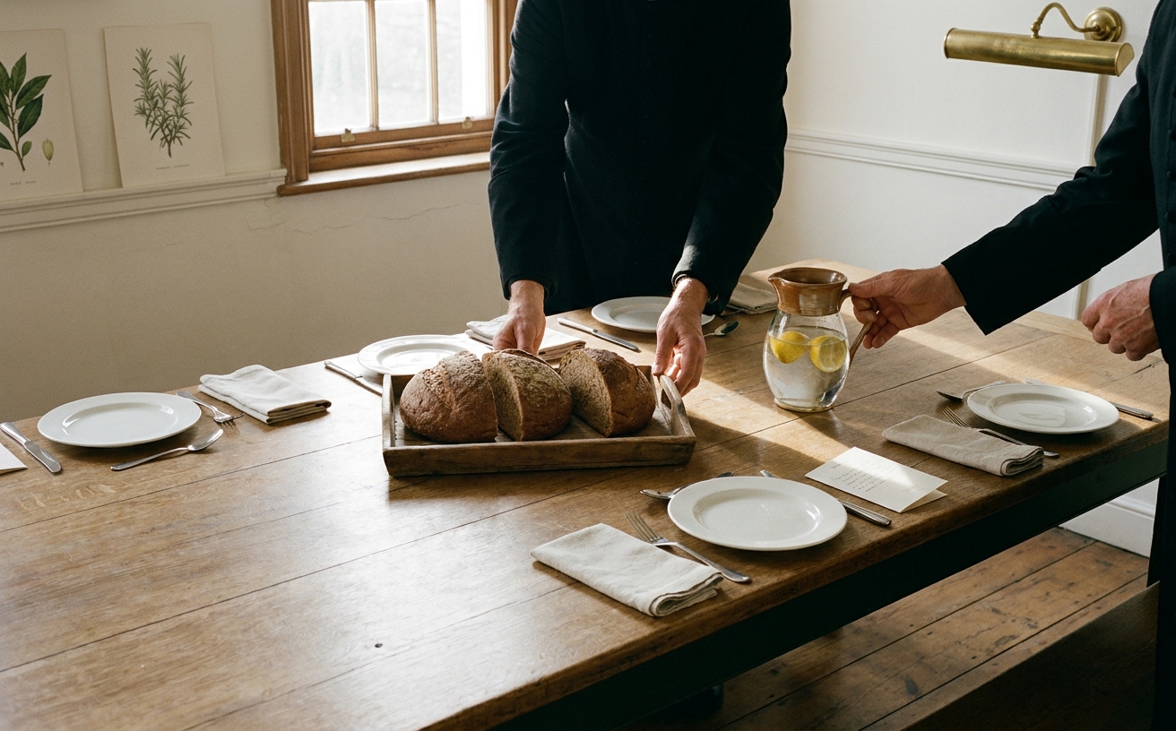A long refectory table laid simply for many guests — bread, water jugs, soup tureens, white linen, candles in glass.