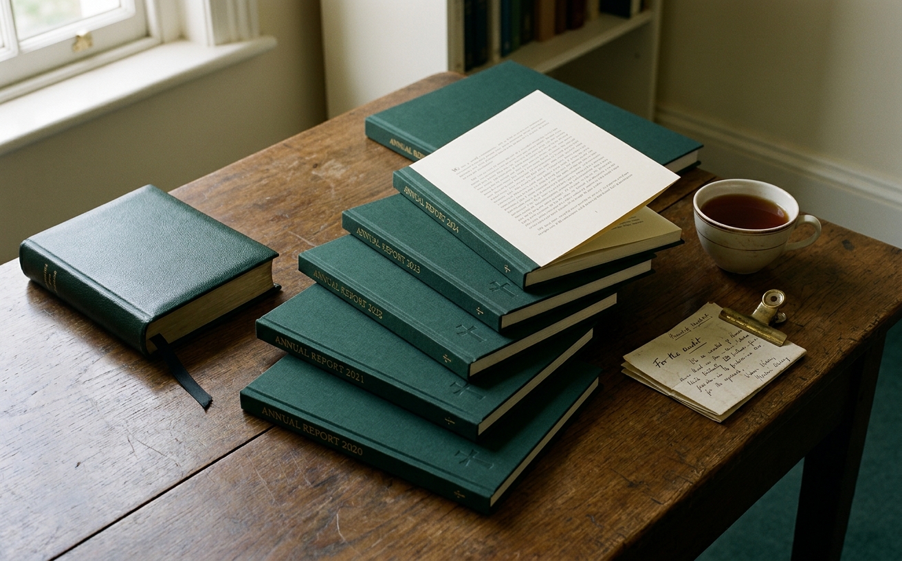 Bound annual reports of the Trust stacked in chronological order on a refectory side-table beside a bowl of pears.