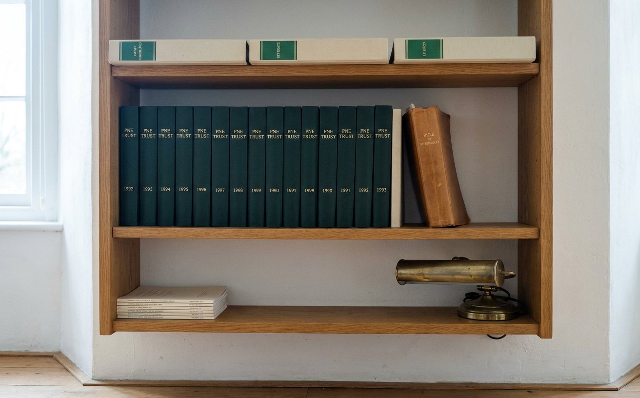 A close-up of an old library shelf with leather-bound theological volumes, a pair of reading spectacles resting on top.