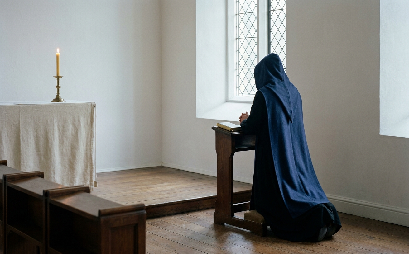 A retreatant in lay clothes walks alone down a stone-paved cloister, hands in pockets, looking up at a high window.