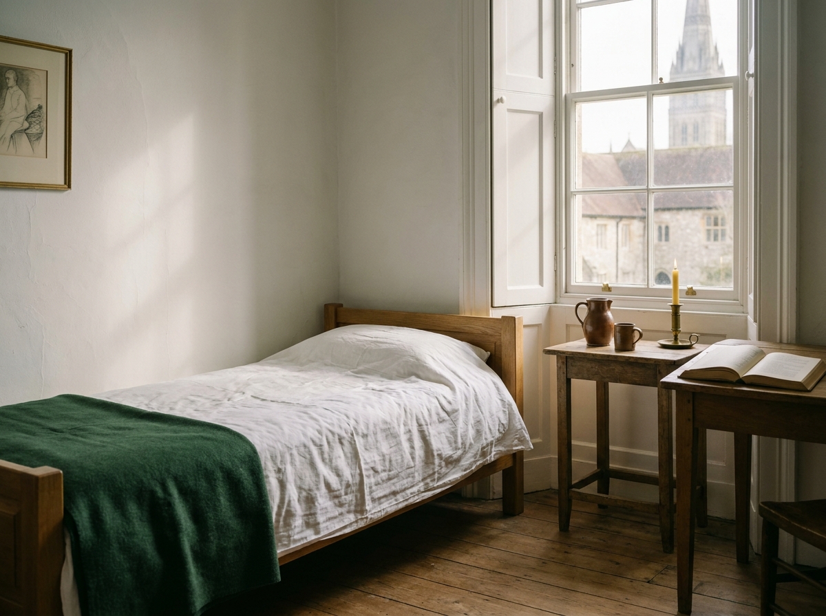 A simple guest room at Sarum College — single bed, a wooden cross above, an open Psalter on the bedside table.