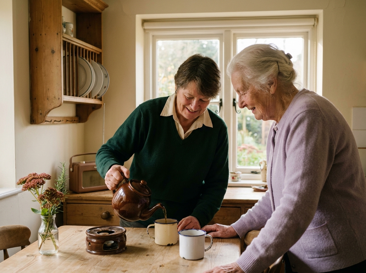 An older woman in her kitchen, kettle on the hob, smiling at a younger befriender who has just brought in a paper bag of vegetables.