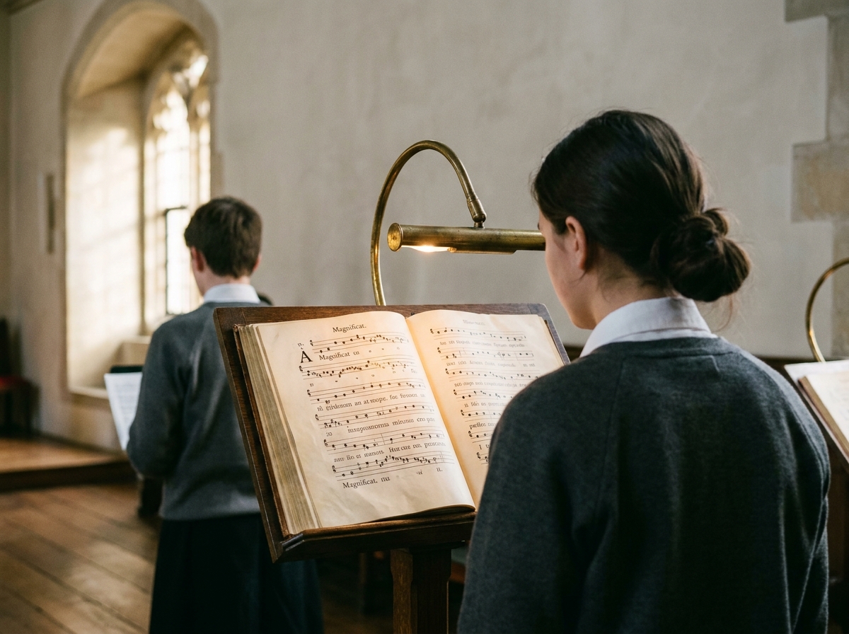A young chorister in cassock arranging chant books on a music stand in the side chapel.