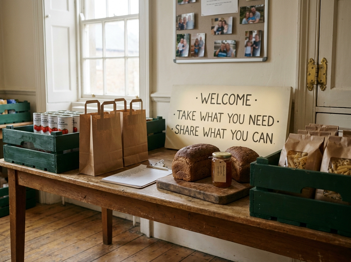 Brown paper bags of bread and tinned goods lined up on a parish hall table, ready for distribution.
