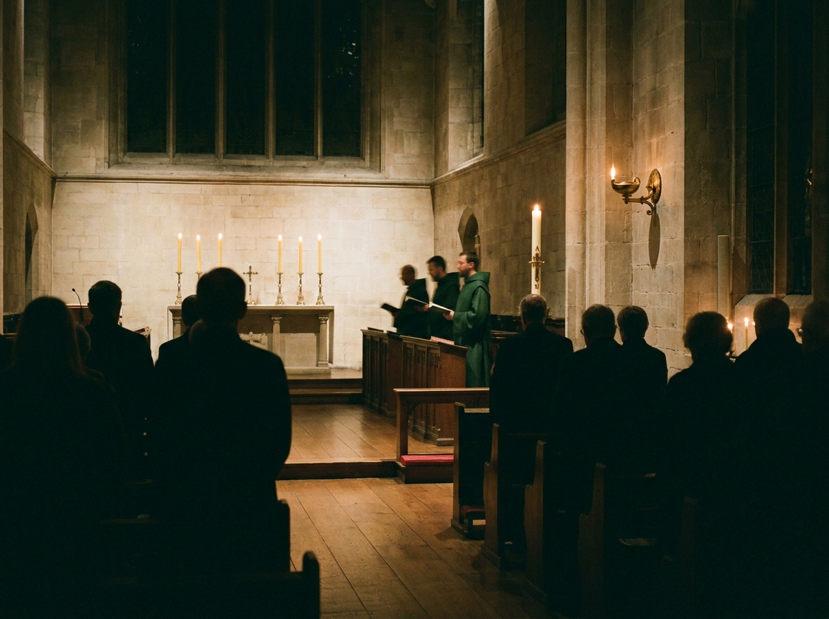 Candles burning on the floor of a small chapel during evening prayer, the cloister window pale violet behind.