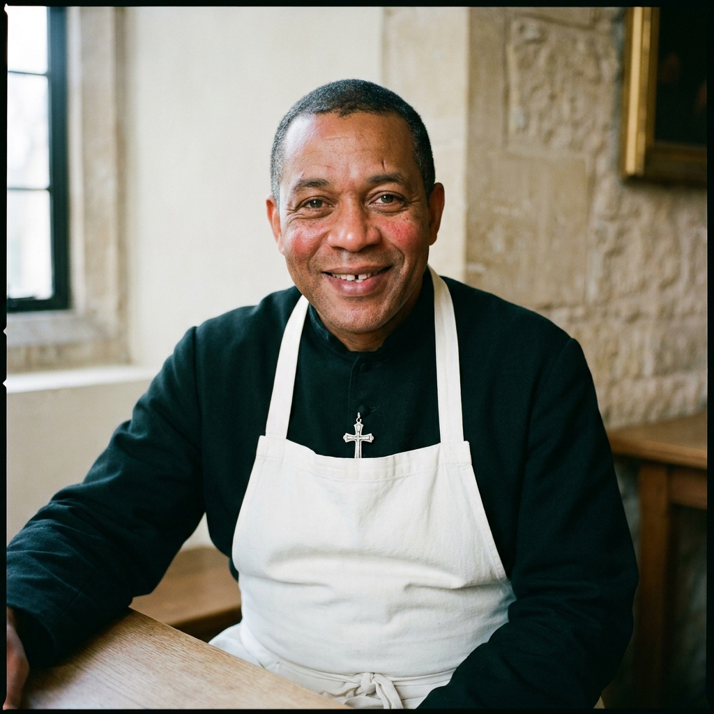 Portrait of Br Crispin Hayward, Hospitality Master, a man in his forties in habit.