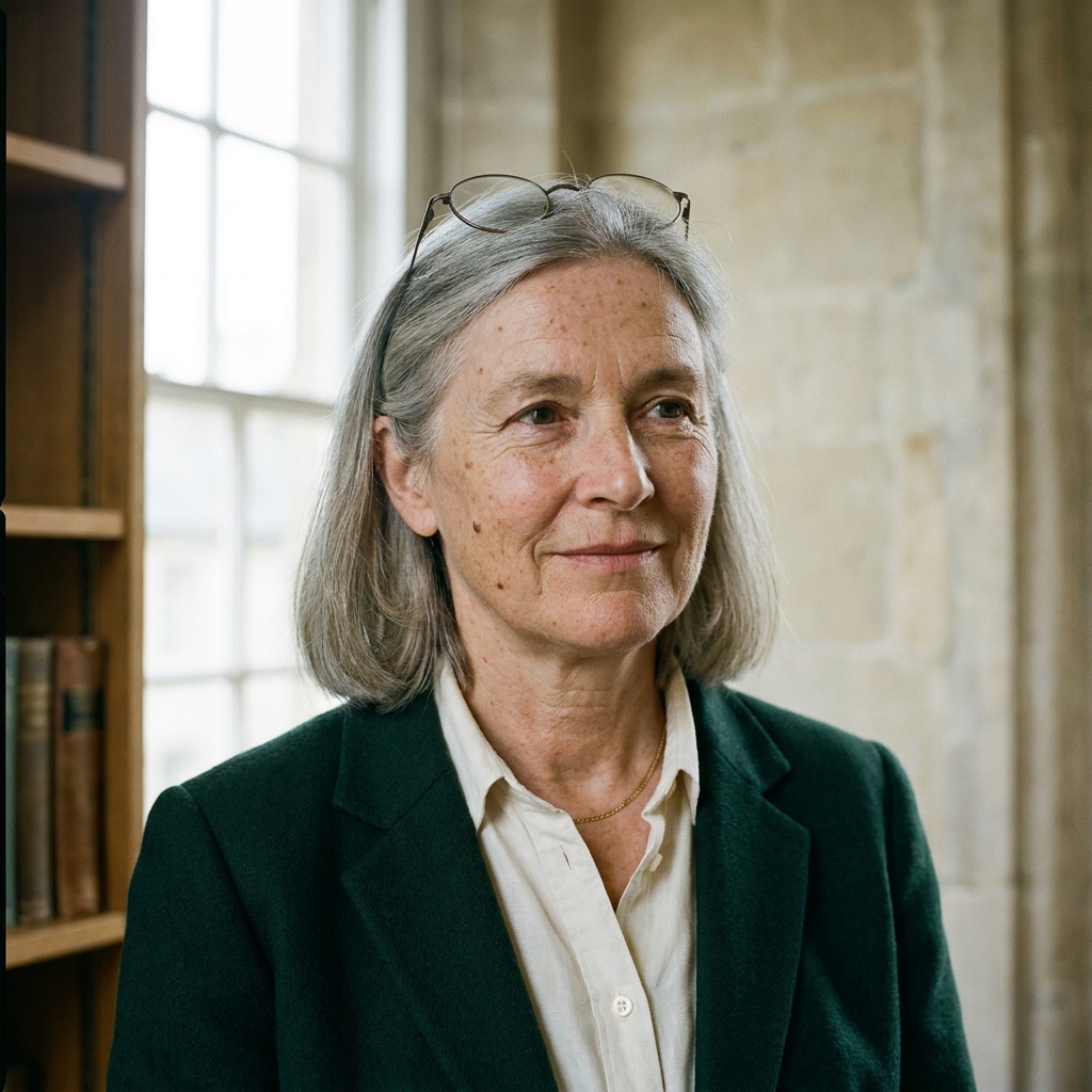 Portrait of Dr Helen Awdry, Trust Chair, a woman in her fifties with grey-streaked hair.