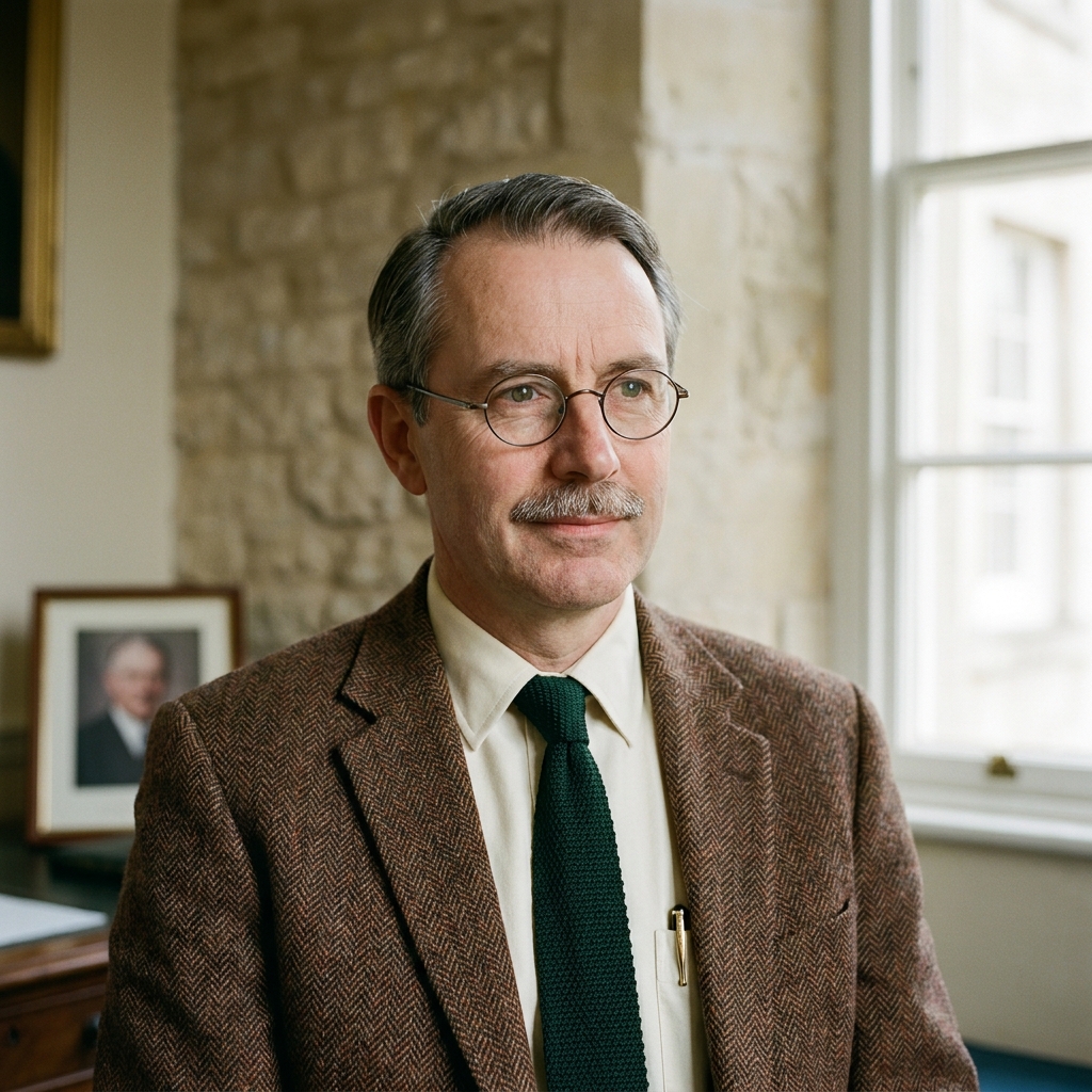 Portrait of John Rushmore FCA, the Trust's Bursar, an older man in tweed and spectacles.